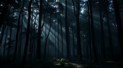 Naklejka premium High-resolution stock photo of a mysterious forest background for commercial use, with professional-grade quality, featuring dark, moody tones, dappled sunlight, and a sense of intrigue