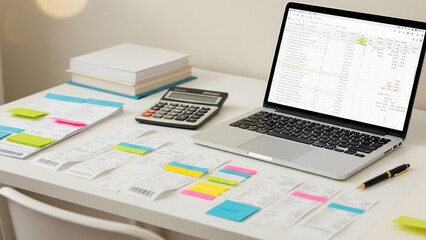 Obraz premium Home Office Desk with Laptop and Personal Budget Management Tools