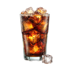 Iced cola in a glass refreshing drink bubbles ice cubes