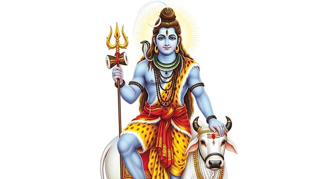 Hindu god shiva depicted with trident and bull nandi on a plain white background