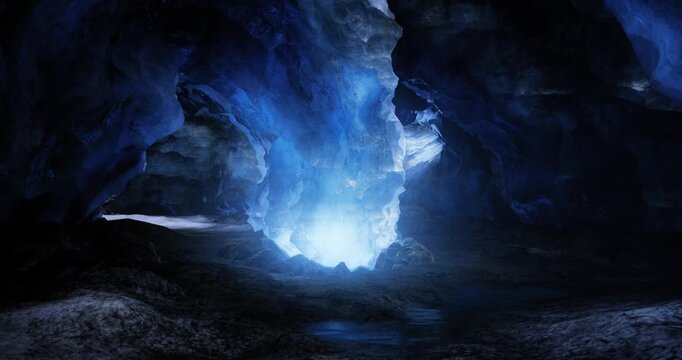 Deep in a stunning ice cave, vibrant blue light reflects off the icy walls, creating an enchanting display. The caves rugged texture and cool tones evoke a magical atmosphere.