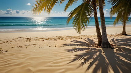 Tropical Beach with Palm Tree Shadows on Golden Sand at Sunset