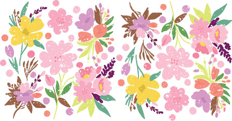 Floral set of watercolor spring flowers. Hand drawn with aged effect, flowers, leaves, plants with chalk texture. Cute nature background for kids, children, garden design elements. Vector illustration