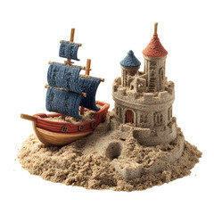 Sandcastle and ship toy on sand