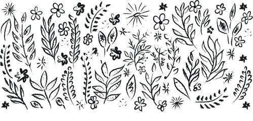 Flower brush hand drawn vector set. Hand drawn doodle flower, floral leaf elements in brush stroke ink style.