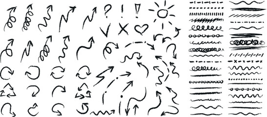 Set of icons with arrows in different directions, hand drawn. Chalk underline, check mark, scribble.