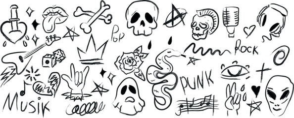 Set of punk music style sketches. Hand drawn. Guitar, crown, fire, pencil arrow, doodle line. Vector illustration.