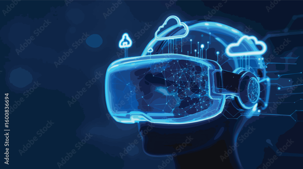 Poster futuristic illustration of a virtual reality headset with cloud computing and network connections.