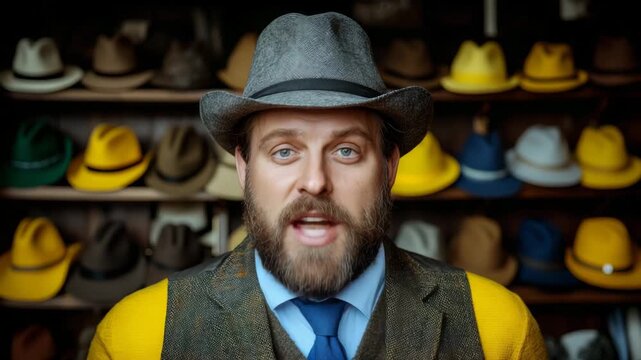 Stylish gentleman showcases hats in a cozy boutique while engaging with customers in a vibrant setting