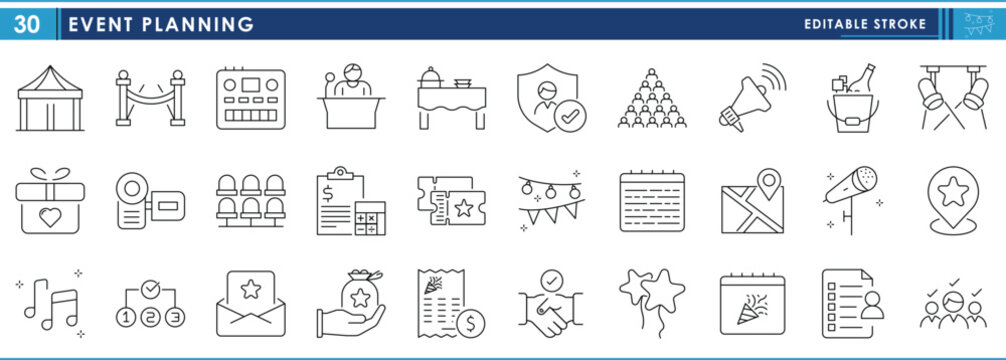 A set of line icons related to Event Planning. Events, plan, people, celebrate, drinks, gift, and so on. Vector editable stroke.