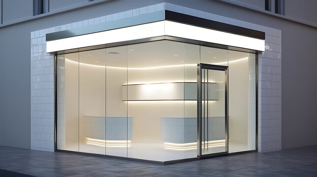 A pharmacy shop front with a sleek white tiled exterior that wraps around the corner of the building, a centered white name board.