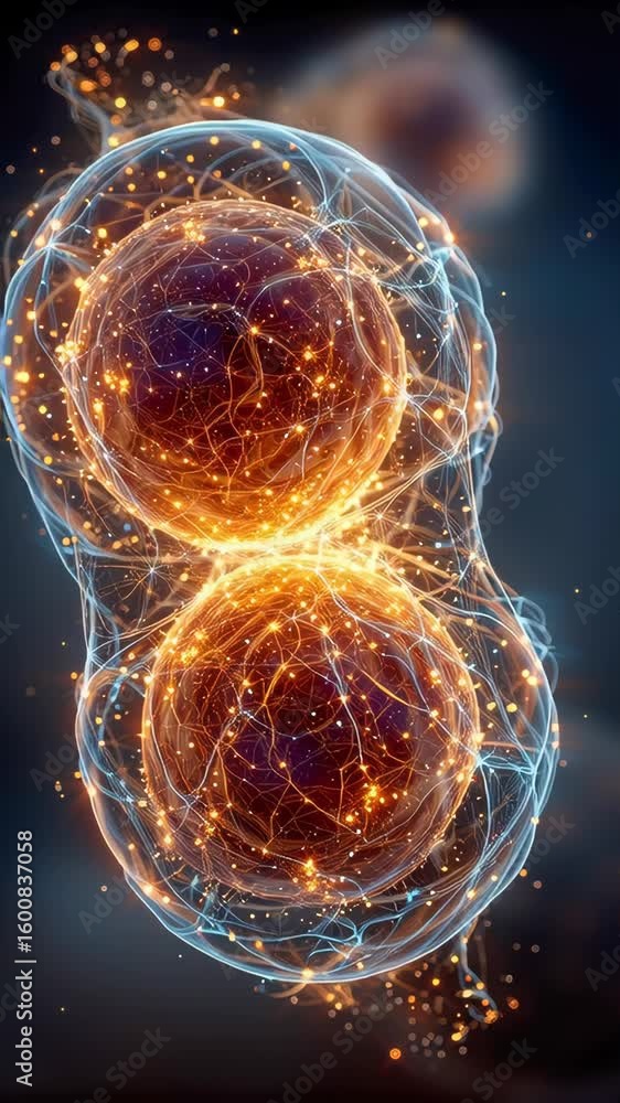 Poster two interconnected glowing spheres linked by golden strands, symbolizing quantum entanglement in a f