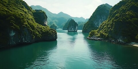 A picturesque view of Ha Long Bay in Vietnam, with green mountains and crystal-clear waters