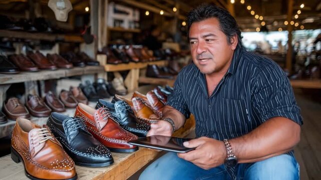 Man reviews shoes in a local store while using a tablet to make selections and decisions