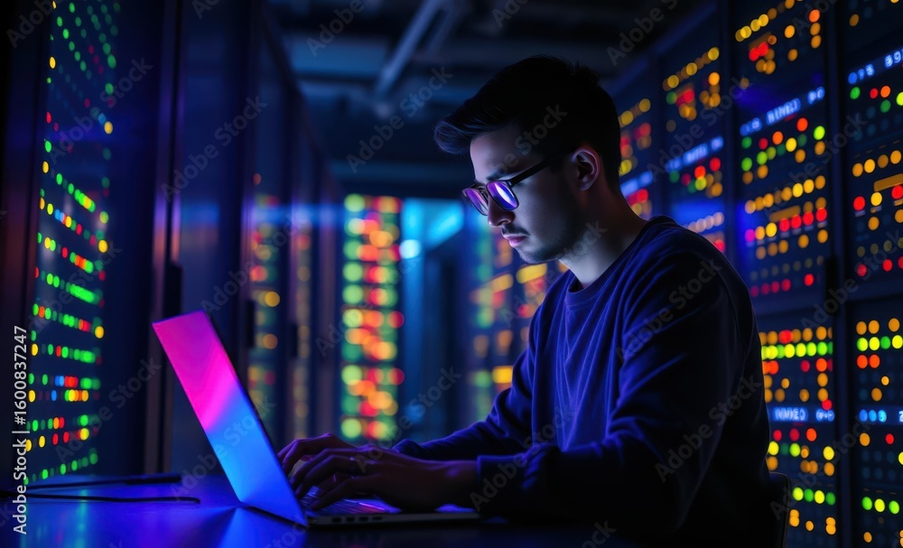 Aufkleber a programmer working late at night with a laptop in a dimly lit data center full of colorful lights 