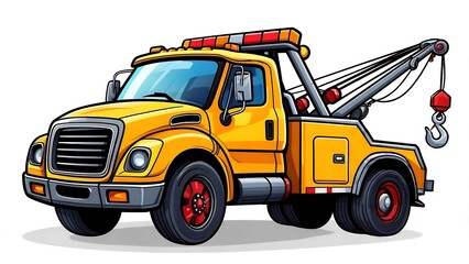 Cartoon Yellow Tow Truck with Hook and Cables on White Background