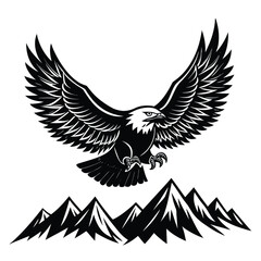 Black and white eagle soaring above mountains on white background