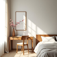 Minimalist White Office Workspace with Wooden Desk and Plant