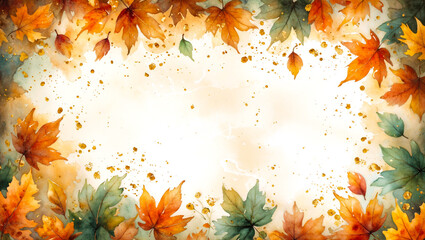 Watercolor frame of autumn maple leaves with golden splashes and copy space in the center.
