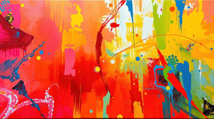 Vibrant abstract painting with expressive brush strokes and splashes in red, yellow, and blue.
