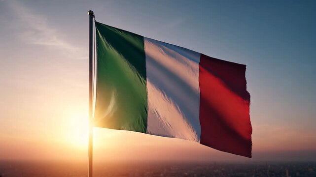 italian flag italy europe waving in the wind at sunset