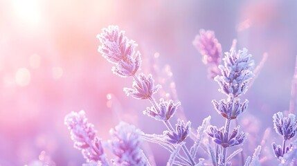 Frosty lavender flowers glistening in the sunlight, winter morning bloom with a soft pink glow