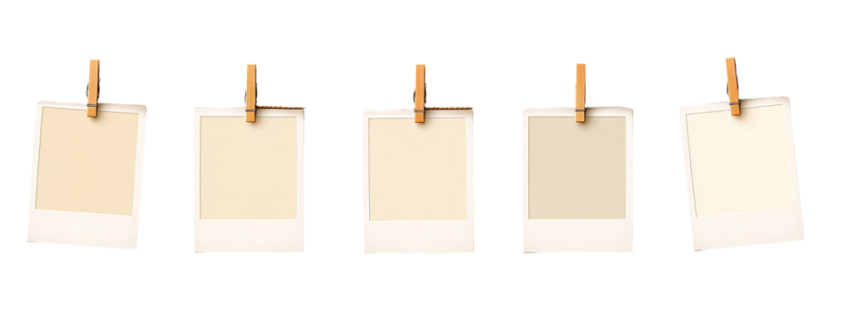 Four blank instant photo frames, attached with wooden clothespins
