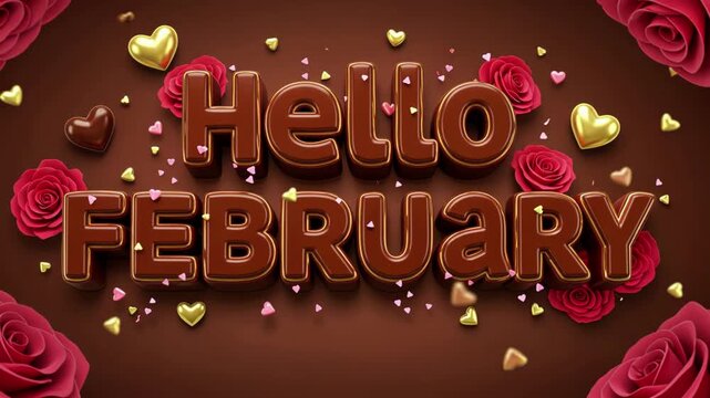 Animated chocolatethemed 'hello february' greeting with roses and hearts
