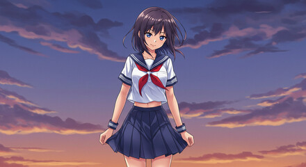Garota de anime estudante de uniforme de marinheiro em frente ao céu ao entardecer