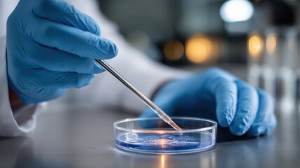 Scientist conducting lab experiment with petri dish and pipette in laboratory setting.