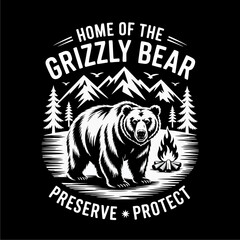 Fototapeta premium A graphic illustration featuring a grizzly bear standing in a landscape with mountains, trees, a campfire, and the text 