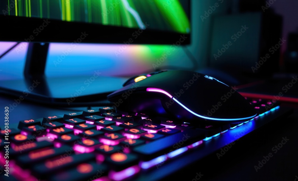 Poster rgb-lit gaming mouse and a keyboard with glowing keys emphasizing a professional gaming setup with v