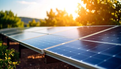 Rows of solar panels under a golden sunset