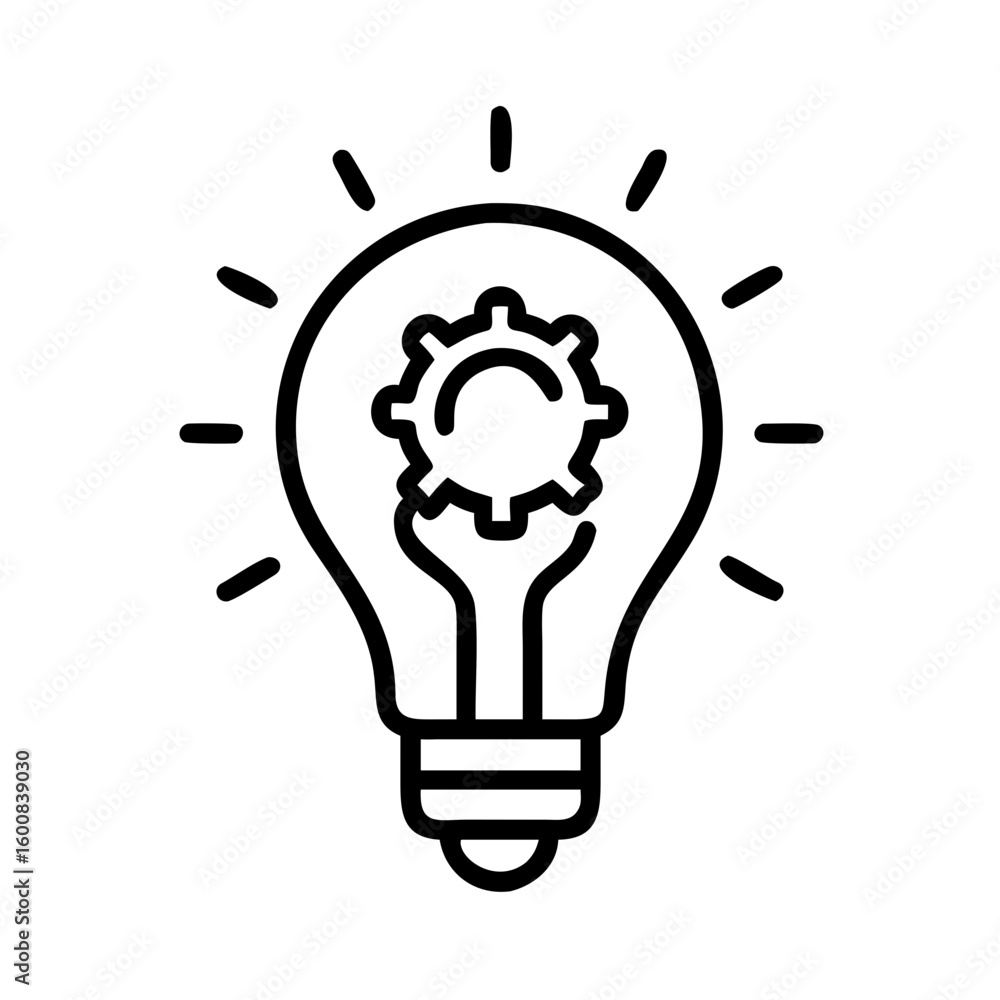 Poster lightbulb with gear inside representing innovation and mechanical ideas in a simple outline design s