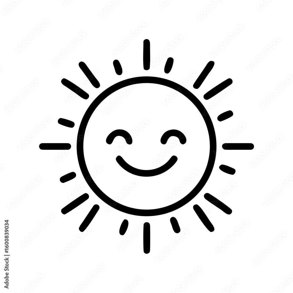 Poster illustration of a smiling sun with rays emanating outwards in a simple black line drawing style