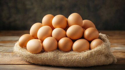 Fresh eggs from a poultry farm on burlap close up. Natural protein. Fresh brown eggs organic arranged on Burlap Sack on wooden background.

