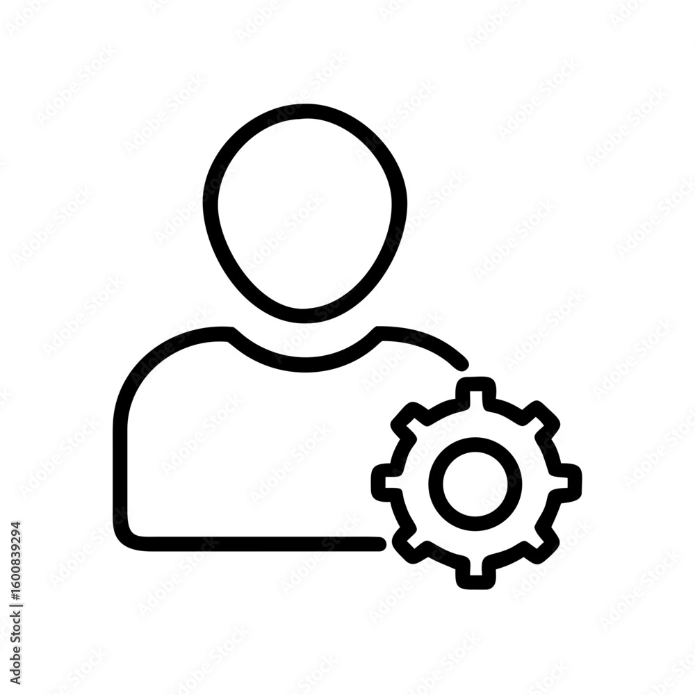 Poster user icon with a gear symbol representing settings or configuration options in a simple line drawing