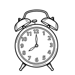 Old alarm clock isolated on transparent or white background, vector illustration, black outline style.
