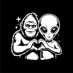 A friendly Bigfoot and a grey alien join hands to form a heart symbol, expressing love and unity.