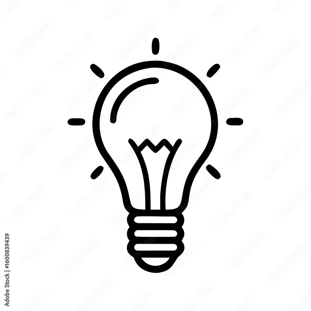 Poster a simple line drawing of a lightbulb with radiating lines representing illumination and idea generat