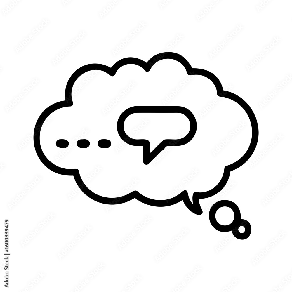 Poster a simple line drawing of a thought bubble containing a speech bubble with trailing ellipsis and bubb