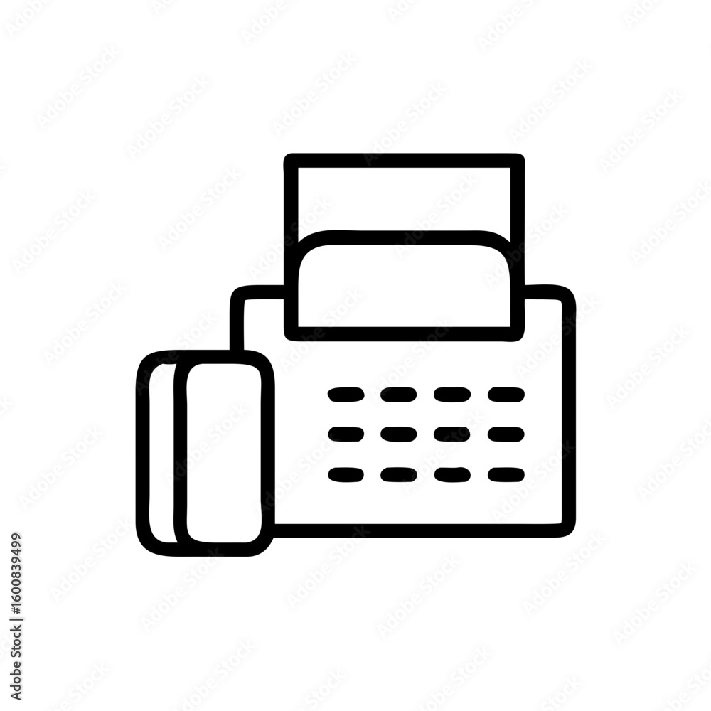 Poster an illustration of a fax machine with a handset and a keypad represented in a simple line drawing