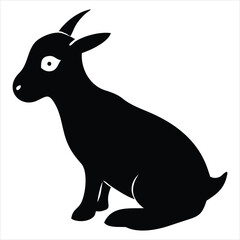 Obraz premium Whimsical black silhouette of a young goat sitting with wide eyes and small horns on a white background
