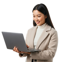 Young woman working on laptop isolated on transparent background