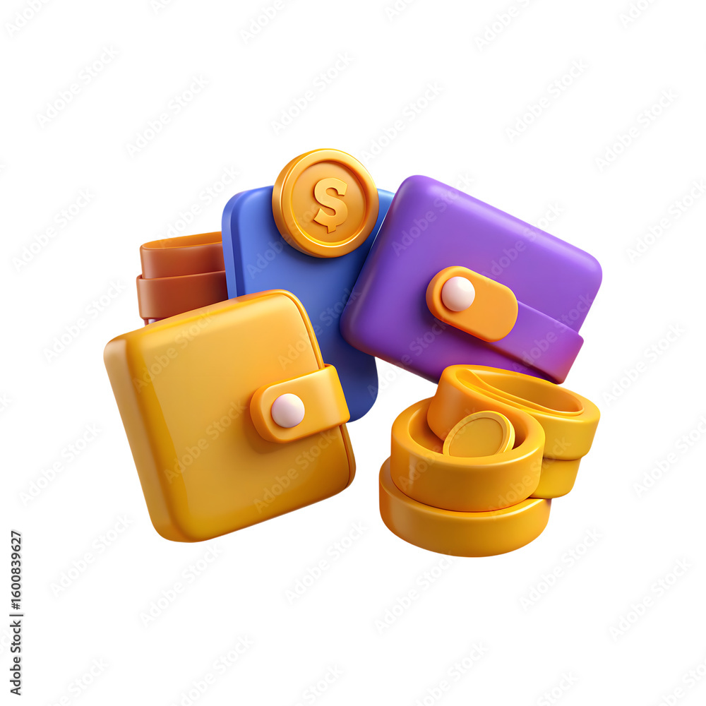 Poster three colorful cartoon wallets with coins isolated on transparent background