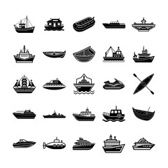 Set of Four Boat Silhouette Icons on White Background