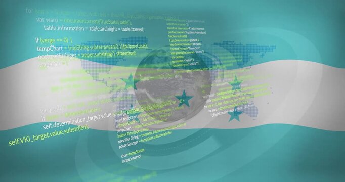 Completing first rotation, globe fading in over Honduran flag with swirling code representing unity
