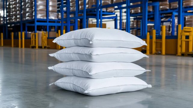 White pillows stacked neatly in a warehouse environment displaying organized storage and industrial shelving