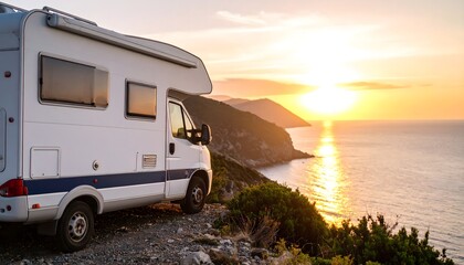 Campervan parked seaside at sunset glow