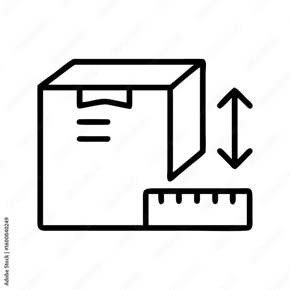 Aufkleber illustration of a cardboard box with dimensions indicated by arrows and a ruler outline design eleme